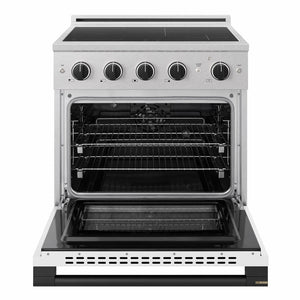 ZLINE Autograph Edition 30 in. 4.2 cu. ft. Marino Induction Range with 4 Element Cooktop and Electric Convection Oven in Satin Stainless Steel with White Matte Door and Matte Black Accents (MINRSZ-WM-30-MB)