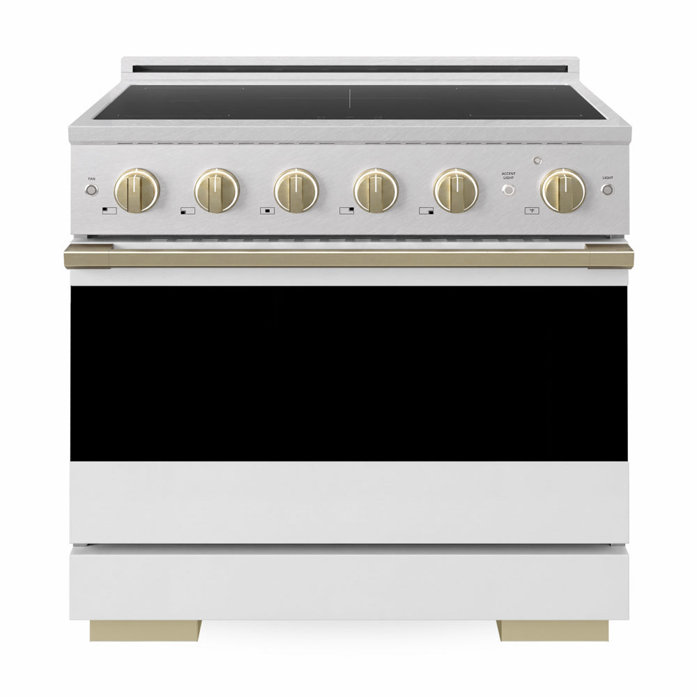 ZLINE Autograph Edition 36 in. 5.2 cu. ft. Marino Induction Range with 5 Element Cooktop and Electric Convection Oven in Satin Stainless Steel with White Matte Door and Champagne Bronze Accents (MINRSZ-WM-36-CB)