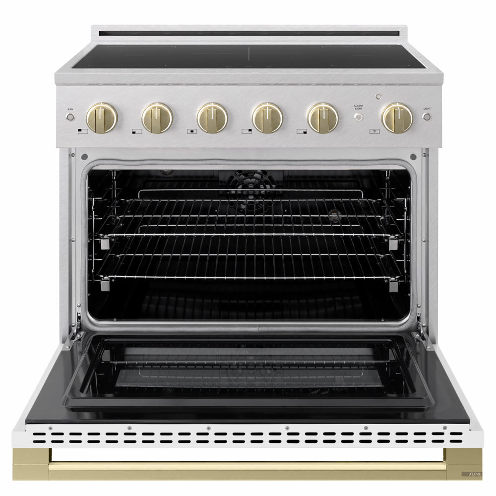 ZLINE Autograph Edition 36 in. 5.2 cu. ft. Marino Induction Range with 5 Element Cooktop and Electric Convection Oven in Satin Stainless Steel with White Matte Door and Champagne Bronze Accents (MINRSZ-WM-36-CB)