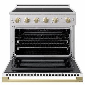 ZLINE Autograph Edition 36 in. 5.2 cu. ft. Marino Induction Range with 5 Element Cooktop and Electric Convection Oven in Satin Stainless Steel with White Matte Door and Champagne Bronze Accents (MINRSZ-WM-36-CB)