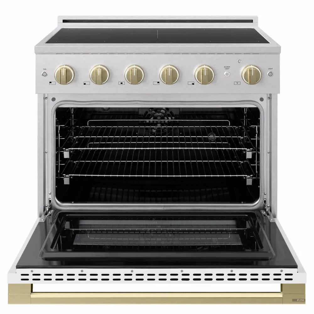 ZLINE Autograph Edition 36 in. 5.2 cu. ft. Marino Induction Range with 5 Element Cooktop and Electric Convection Oven in Satin Stainless Steel with White Matte Door and Champagne Bronze Accents (MINRSZ-WM-36-CB)