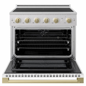 ZLINE Autograph Edition 36 in. 5.2 cu. ft. Marino Induction Range with 5 Element Cooktop and Electric Convection Oven in Satin Stainless Steel with White Matte Door and Champagne Bronze Accents (MINRSZ-WM-36-CB)