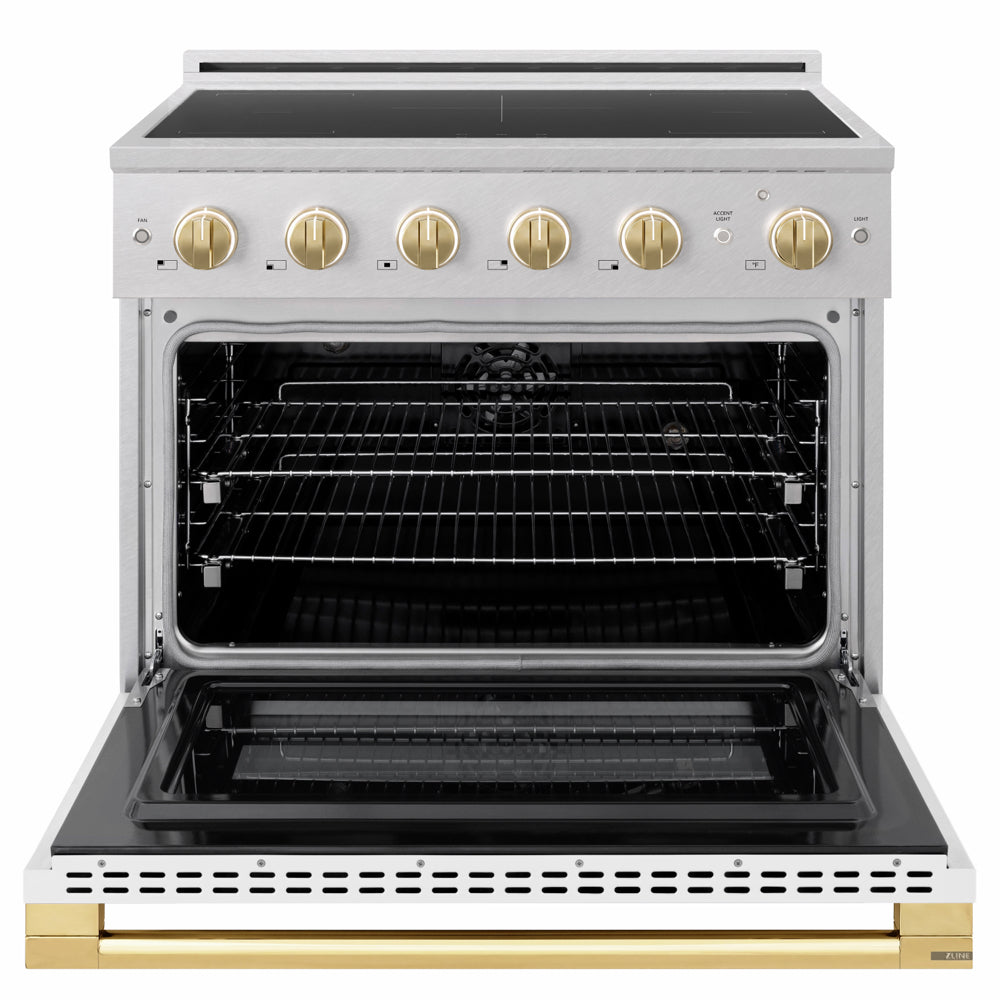 ZLINE Autograph Edition 36 in. 5.2 cu. ft. Marino Induction Range with 5 Element Cooktop and Electric Convection Oven in Satin Stainless Steel with White Matte Door and Polished Gold Accents (MINRSZ-WM-36-G)