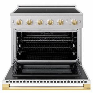 ZLINE Autograph Edition 36 in. 5.2 cu. ft. Marino Induction Range with 5 Element Cooktop and Electric Convection Oven in Satin Stainless Steel with White Matte Door and Polished Gold Accents (MINRSZ-WM-36-G)