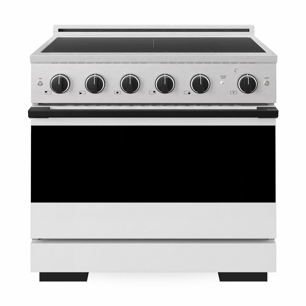 ZLINE Autograph Edition 36 in. 5.2 cu. ft. Marino Induction Range with 5 Element Cooktop and Electric Convection Oven in Satin Stainless Steel with White Matte Door and Matte Black Accents (MINRSZ-WM-36-MB)