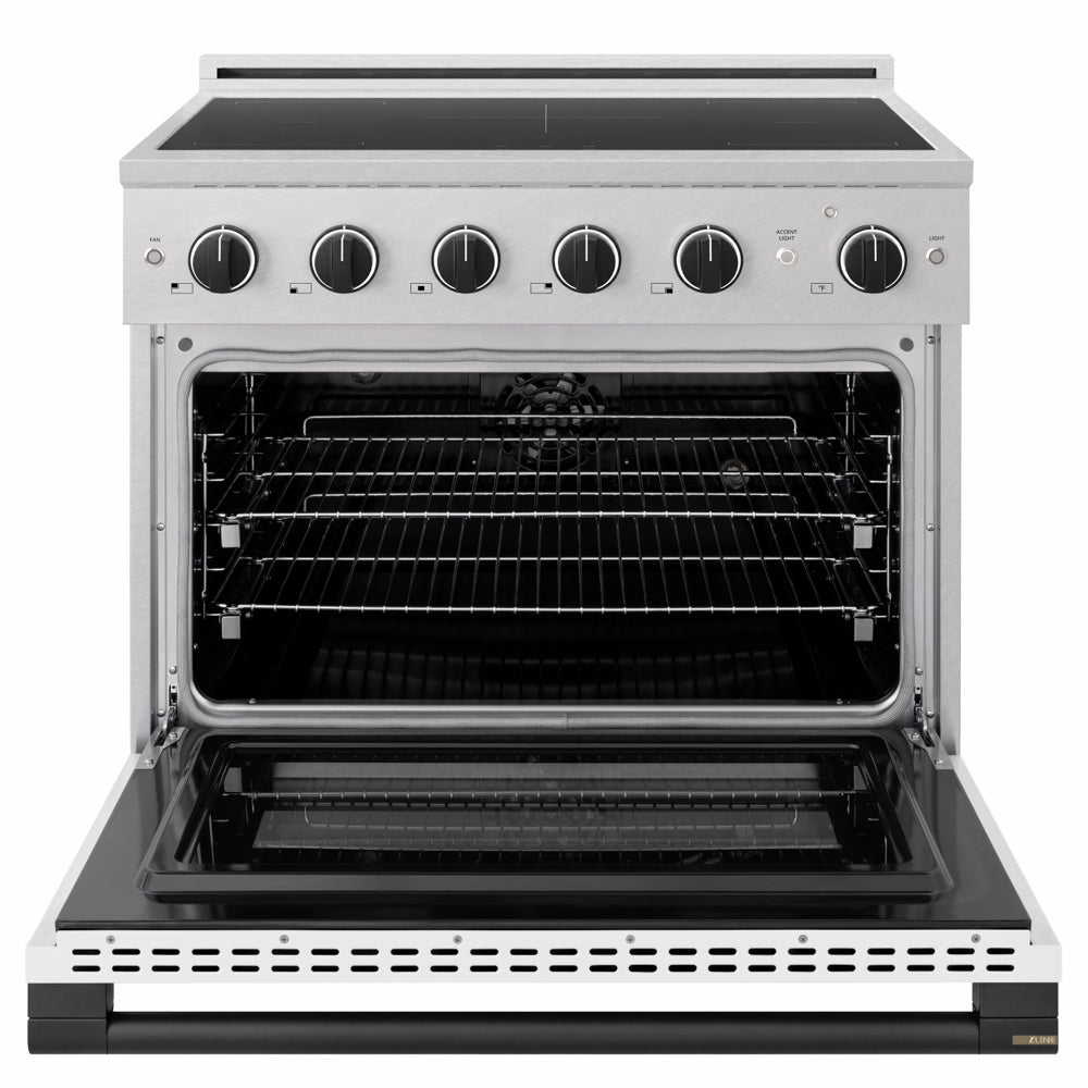 ZLINE Autograph Edition 36 in. 5.2 cu. ft. Marino Induction Range with 5 Element Cooktop and Electric Convection Oven in Satin Stainless Steel with White Matte Door and Matte Black Accents (MINRSZ-WM-36-MB)