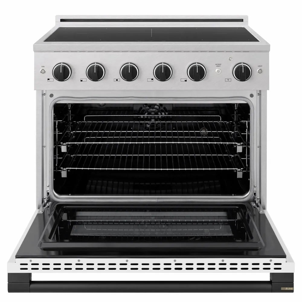 ZLINE Autograph Edition 36 in. 5.2 cu. ft. Marino Induction Range with 5 Element Cooktop and Electric Convection Oven in Satin Stainless Steel with White Matte Door and Matte Black Accents (MINRSZ-WM-36-MB) front, oven open.