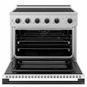 ZLINE Autograph Edition 36 in. 5.2 cu. ft. Marino Induction Range with 5 Element Cooktop and Electric Convection Oven in Satin Stainless Steel with White Matte Door and Matte Black Accents (MINRSZ-WM-36-MB) front, oven open.