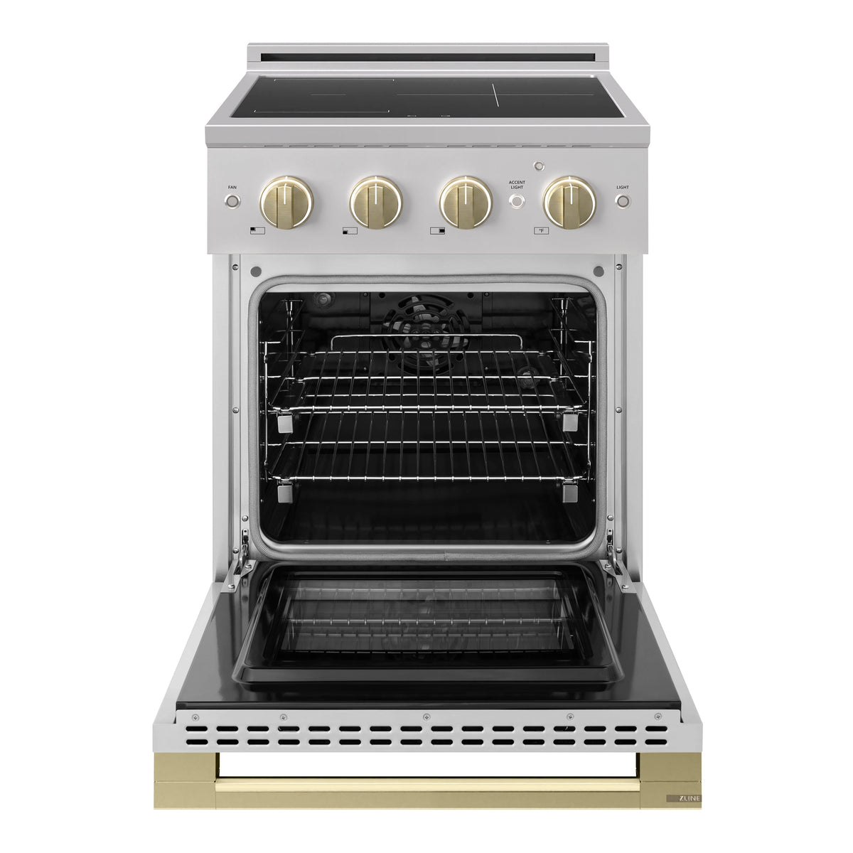 ZLINE Autograph Edition 24 in. 3.2 cu. ft. Marino Induction Range with 3 Element Cooktop and Electric Convection Oven in Stainless Steel with Champagne Bronze Accents (MINRZ-24-CB)