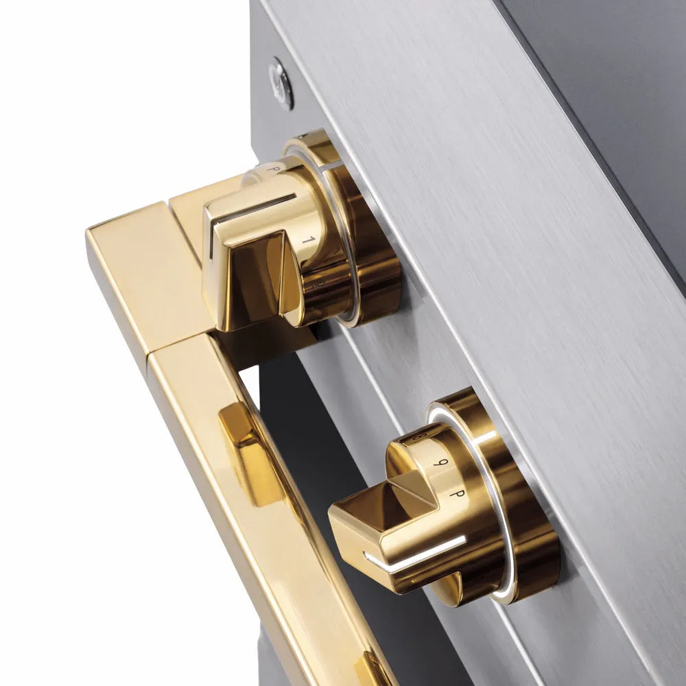 ZLINE Autograph Edition 24 in. 3.2 cu. ft. Marino Induction Range with 3 Element Cooktop and Electric Convection Oven in Stainless Steel with Polished Gold Accents (MINRZ-24-G) close-up, modern oven and cooktop knobs.