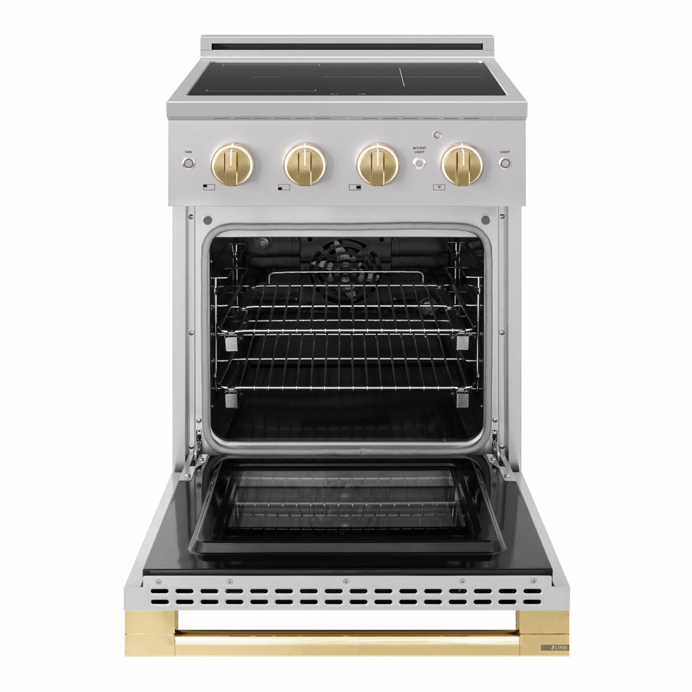 ZLINE Autograph Edition 24 in. 3.2 cu. ft. Marino Induction Range with 3 Element Cooktop and Electric Convection Oven in Stainless Steel with Polished Gold Accents (MINRZ-24-G)