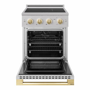 ZLINE Autograph Edition 24 in. 3.2 cu. ft. Marino Induction Range with 3 Element Cooktop and Electric Convection Oven in Stainless Steel with Polished Gold Accents (MINRZ-24-G) front, oven open.