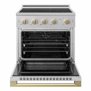 ZLINE Autograph Edition 30 in. 4.2 cu. ft. Marino Induction Range with 4 Element Cooktop and Electric Convection Oven in Stainless Steel with Champagne Bronze Accents (MINRZ-30-CB)