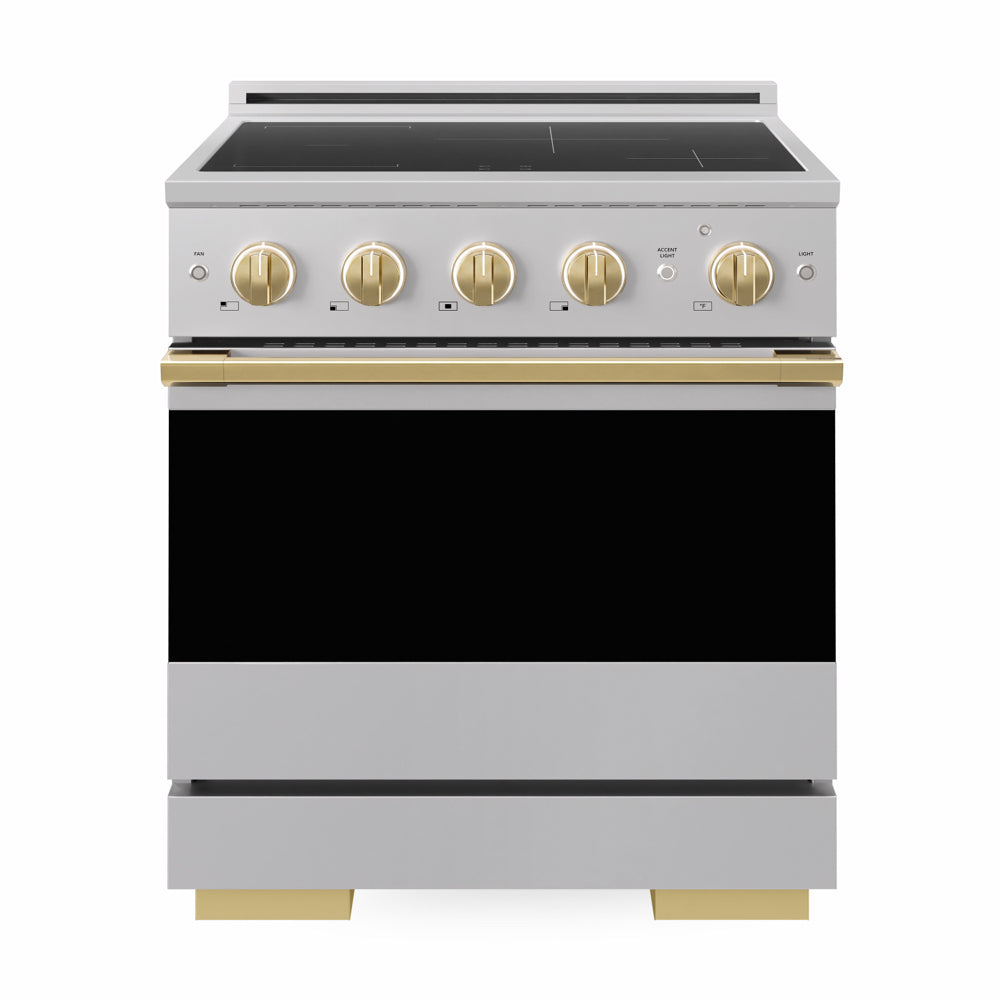 ZLINE Autograph Edition 30 in. 4.2 cu. ft. Marino Induction Range with 4 Element Cooktop and Electric Convection Oven in Stainless Steel with Polished Gold Accents (MINRZ-30-G)