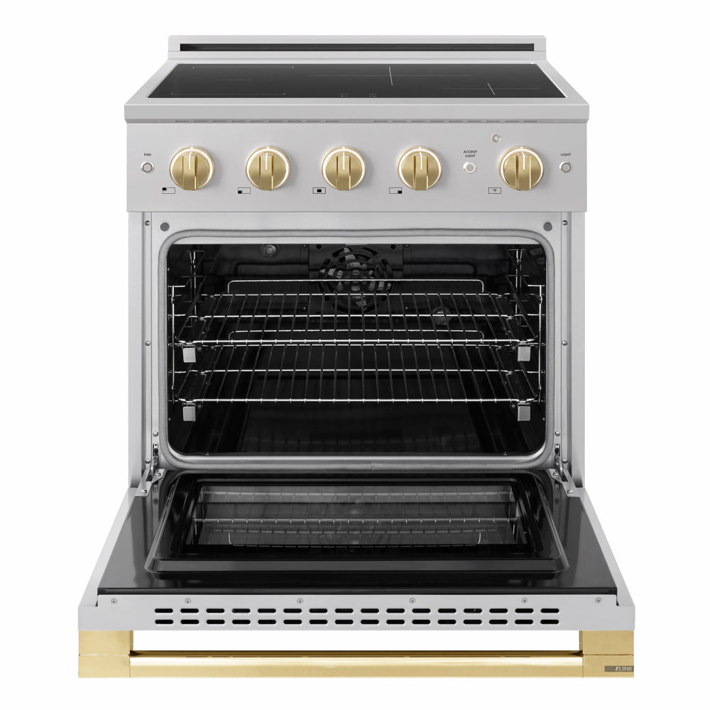 ZLINE Autograph Edition 30 in. 4.2 cu. ft. Marino Induction Range with 4 Element Cooktop and Electric Convection Oven in Stainless Steel with Polished Gold Accents (MINRZ-30-G)