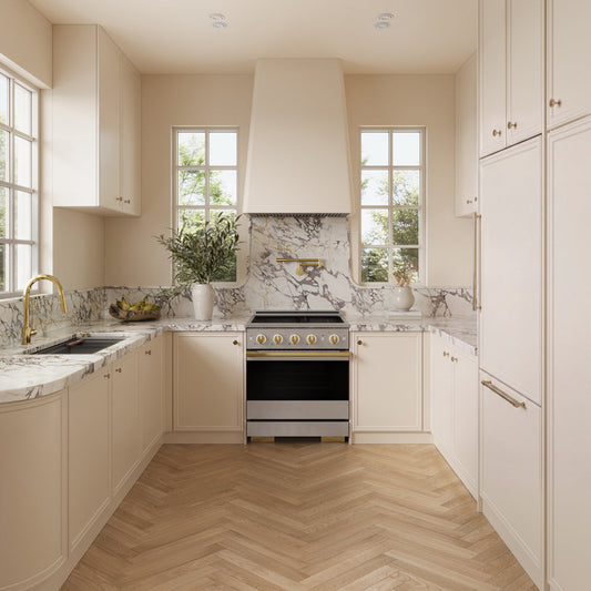 A modern kitchen interior with cream cabinetry, marble countertops and backsplash, light wood herringbone flooring, and a ZLINE Autograph Edition 30 in. 4.2 cu. ft. Marino Induction Range with 4 Element Cooktop and Electric Convection Oven in Stainless Steel with Polished Gold Accents (MINRZ-30-G) at the center.