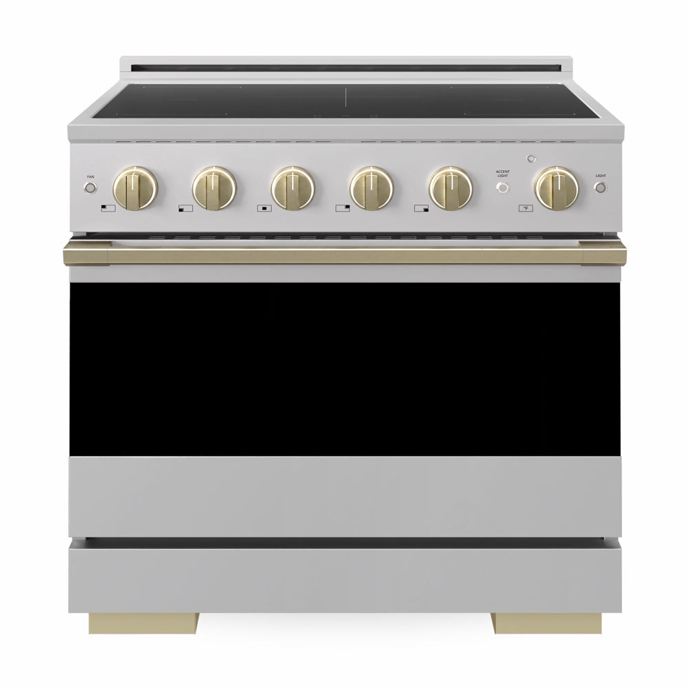 ZLINE Autograph Edition 36 in. 5.2 cu. ft. Marino Induction Range with 5 Element Cooktop and Electric Convection Oven in Stainless Steel with Champagne Bronze Accents (MINRZ-36-CB)