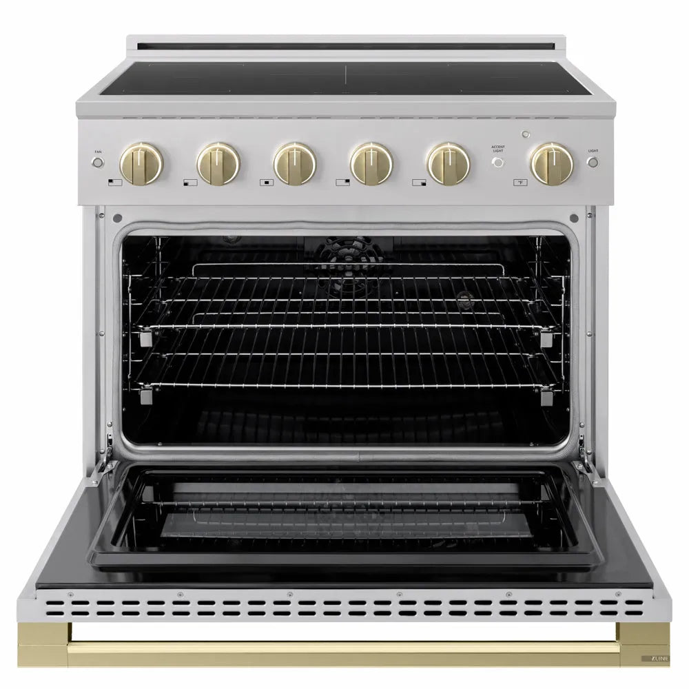 ZLINE Autograph Edition 36 in. 5.2 cu. ft. Marino Induction Range with 5 Element Cooktop and Electric Convection Oven in Stainless Steel with Champagne Bronze Accents (MINRZ-36-CB)