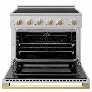 ZLINE Autograph Edition 36 in. 5.2 cu. ft. Marino Induction Range with 5 Element Cooktop and Electric Convection Oven in Stainless Steel with Champagne Bronze Accents (MINRZ-36-CB)