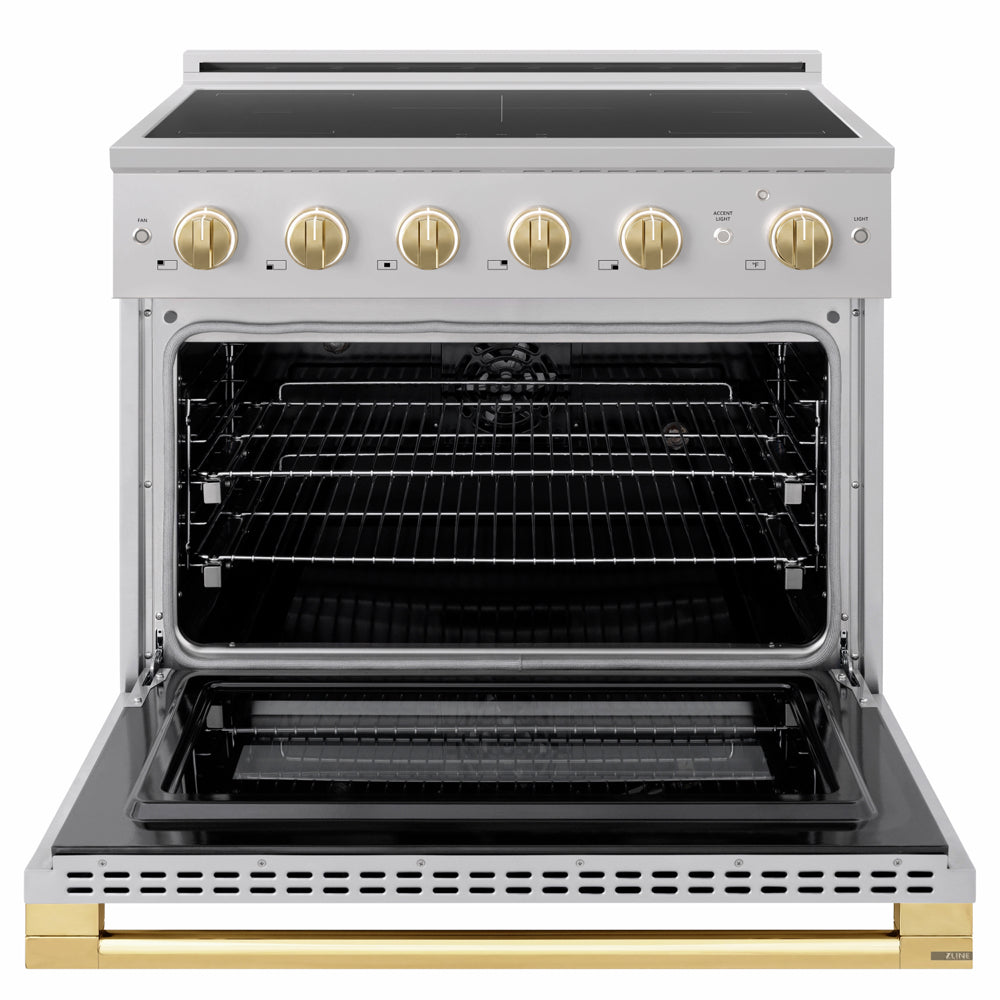 ZLINE Autograph Edition 36 in. 5.2 cu. ft. Marino Induction Range with 5 Element Cooktop and Electric Convection Oven in Stainless Steel with Polished Gold Accents (MINRZ-36-G)