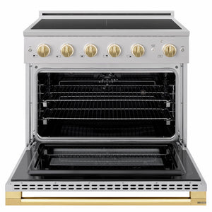 ZLINE Autograph Edition 36 in. 5.2 cu. ft. Marino Induction Range with 5 Element Cooktop and Electric Convection Oven in Stainless Steel with Polished Gold Accents (MINRZ-36-G)
