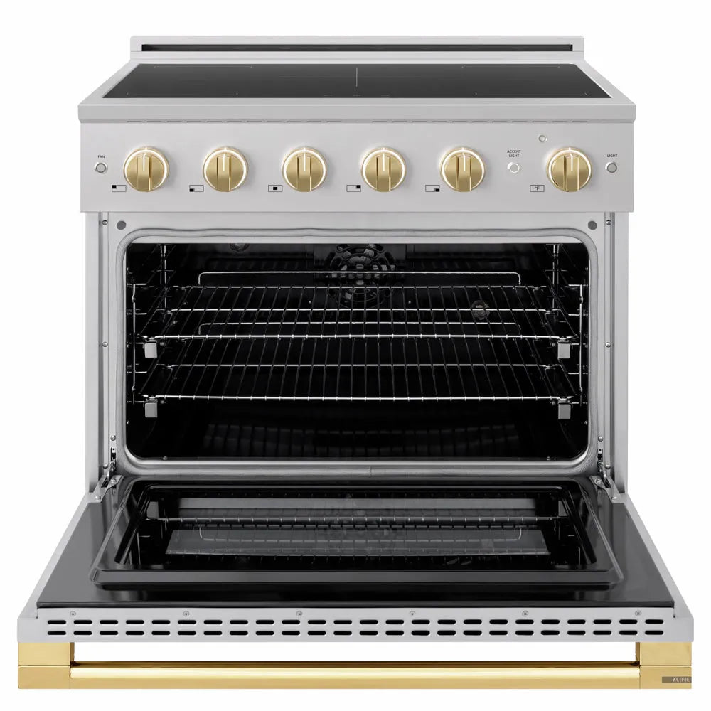 ZLINE Autograph Edition 36 in. 5.2 cu. ft. Marino Induction Range with 5 Element Cooktop and Electric Convection Oven in Stainless Steel with Polished Gold Accents (MINRZ-36-G) front, oven open.