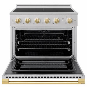 ZLINE Autograph Edition 36 in. 5.2 cu. ft. Marino Induction Range with 5 Element Cooktop and Electric Convection Oven in Stainless Steel with Polished Gold Accents (MINRZ-36-G) front, oven open.