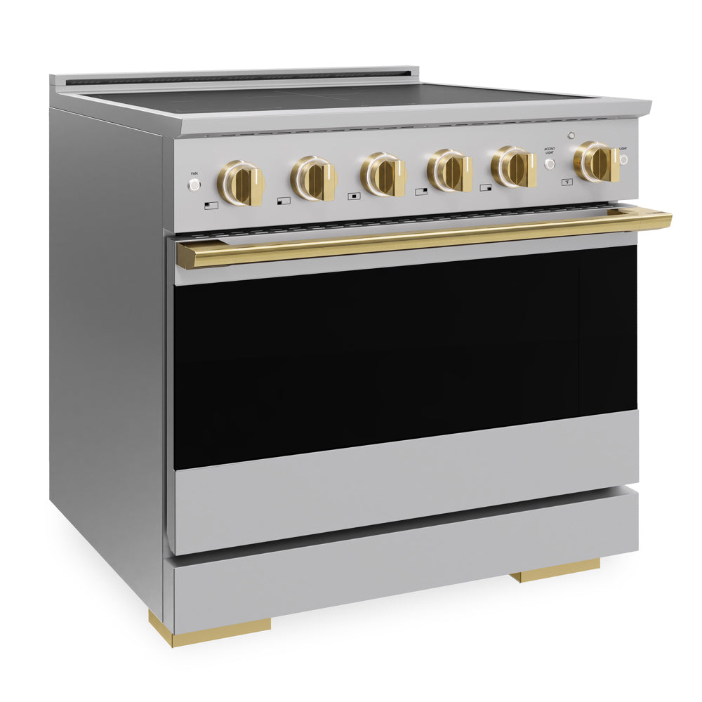 ZLINE Autograph Edition 36 in. 5.2 cu. ft. Marino Induction Range with 5 Element Cooktop and Electric Convection Oven in Stainless Steel with Polished Gold Accents (MINRZ-36-G)