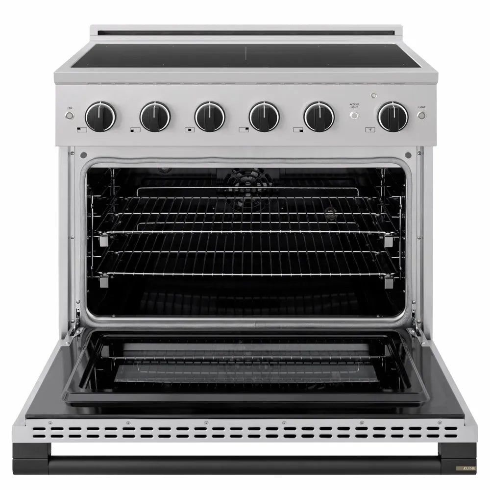 ZLINE Autograph Edition 36 in. 5.2 cu. ft. Marino Induction Range with 5 Element Cooktop and Electric Convection Oven in Stainless Steel with Matte Black Accents (MINRZ-36-MB) front, oven open.