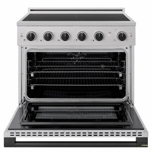 ZLINE Autograph Edition 36 in. 5.2 cu. ft. Marino Induction Range with 5 Element Cooktop and Electric Convection Oven in Stainless Steel with Matte Black Accents (MINRZ-36-MB) front, oven open.