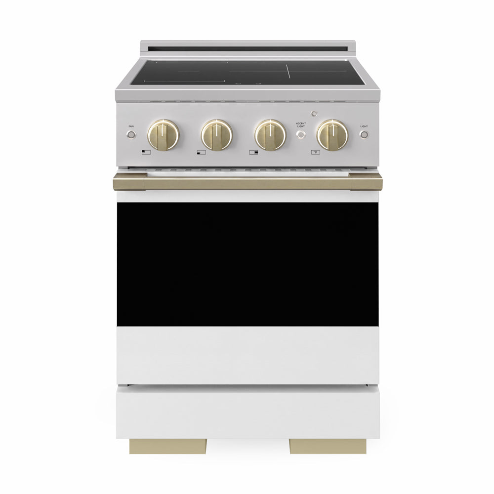 ZLINE Autograph Edition 24 in. 3.2 cu. ft. Marino Induction Range with 3 Element Cooktop and Electric Convection Oven in Stainless Steel with White Matte Door and Champagne Bronze Accents (MINRZ-WM-24-CB)
