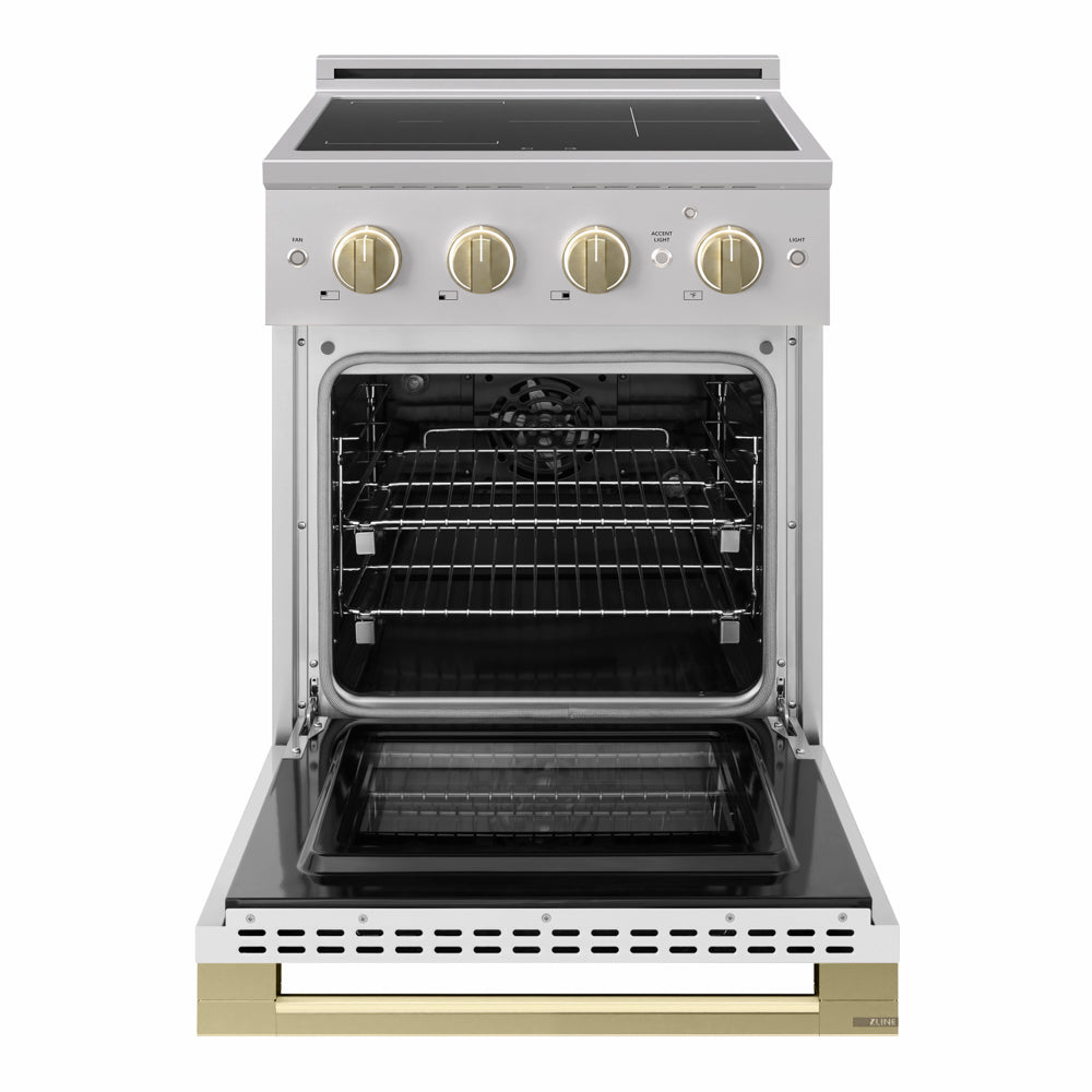 ZLINE Autograph Edition 24 in. 3.2 cu. ft. Marino Induction Range with 3 Element Cooktop and Electric Convection Oven in Stainless Steel with White Matte Door and Champagne Bronze Accents (MINRZ-WM-24-CB)