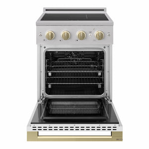 ZLINE Autograph Edition 24 in. 3.2 cu. ft. Marino Induction Range with 3 Element Cooktop and Electric Convection Oven in Stainless Steel with White Matte Door and Champagne Bronze Accents (MINRZ-WM-24-CB)