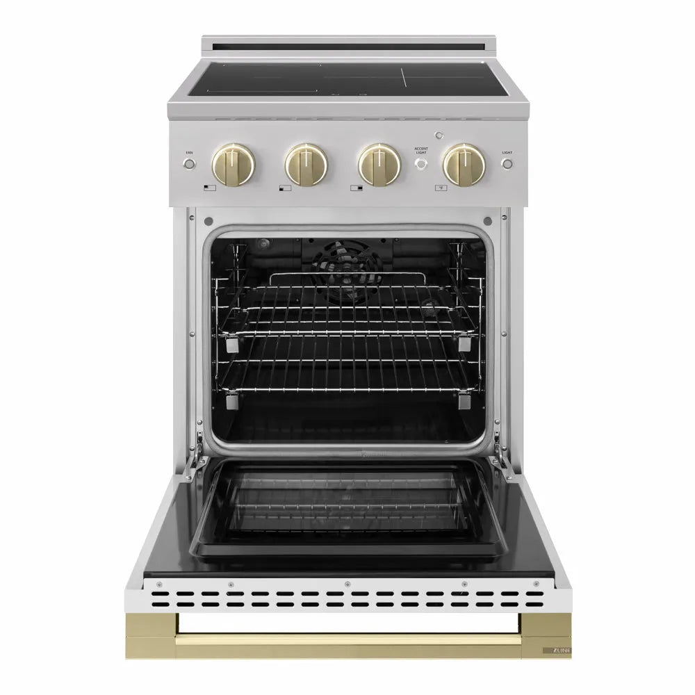 ZLINE Autograph Edition 24 in. 3.2 cu. ft. Marino Induction Range with 3 Element Cooktop and Electric Convection Oven in Stainless Steel with White Matte Door and Champagne Bronze Accents (MINRZ-WM-24-CB) front, oven open.