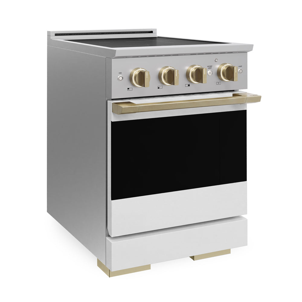ZLINE Autograph Edition 24 in. 3.2 cu. ft. Marino Induction Range with 3 Element Cooktop and Electric Convection Oven in Stainless Steel with White Matte Door and Champagne Bronze Accents (MINRZ-WM-24-CB)
