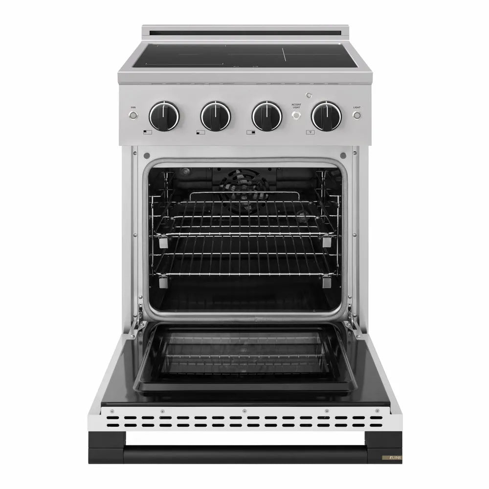 ZLINE Autograph Edition 24 in. 3.2 cu. ft. Marino Induction Range with 3 Element Cooktop and Electric Convection Oven in Stainless Steel with White Matte Door and Matte Black Accents (MINRZ-WM-24-MB) front, oven open.