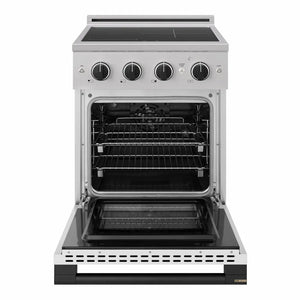 ZLINE Autograph Edition 24 in. 3.2 cu. ft. Marino Induction Range with 3 Element Cooktop and Electric Convection Oven in Stainless Steel with White Matte Door and Matte Black Accents (MINRZ-WM-24-MB) front, oven open.