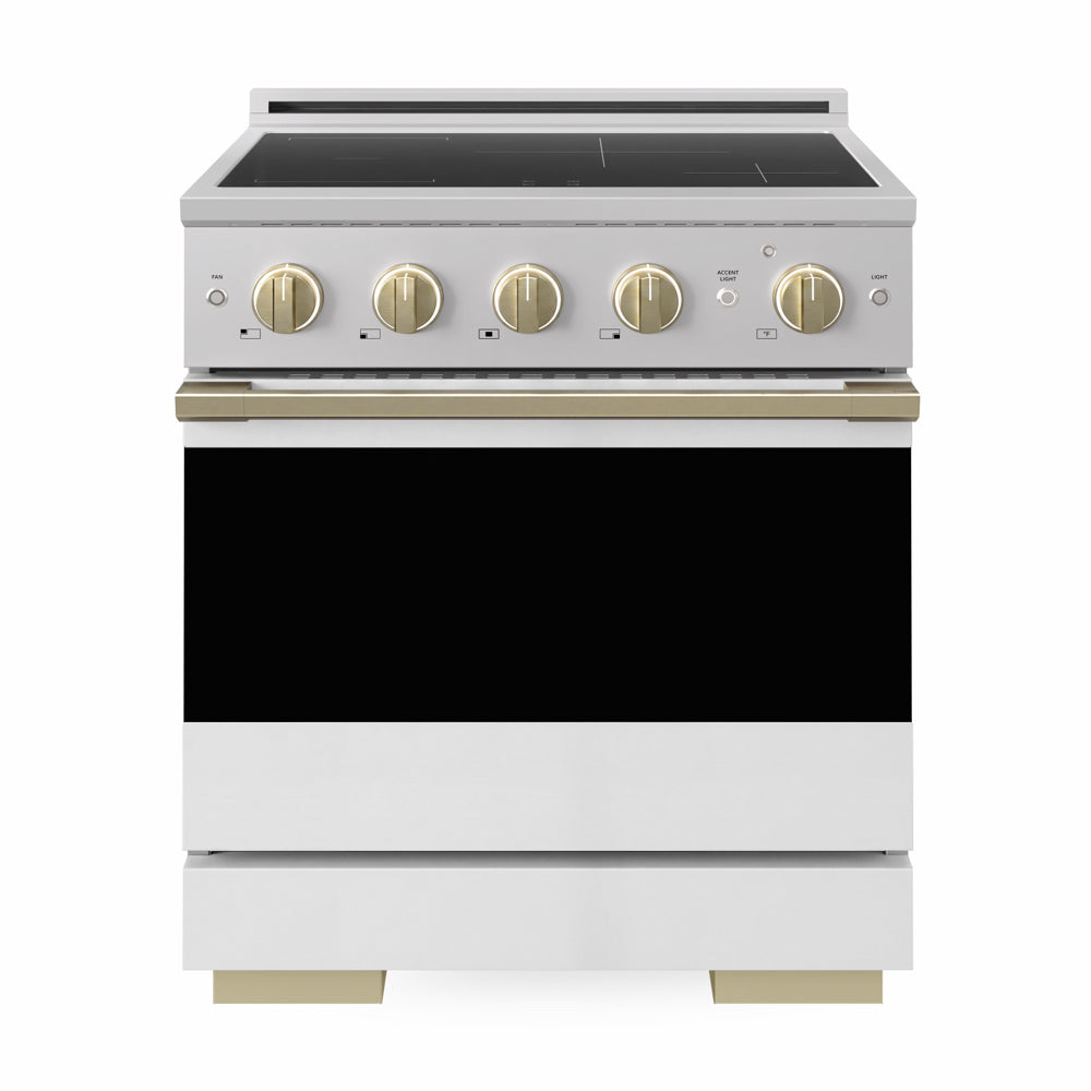 ZLINE Autograph Edition 30 in. 4.2 cu. ft. Marino Induction Range with 4 Element Cooktop and Electric Convection Oven in Stainless Steel with White Matte Door and Champagne Bronze Accents (MINRZ-WM-30-CB)