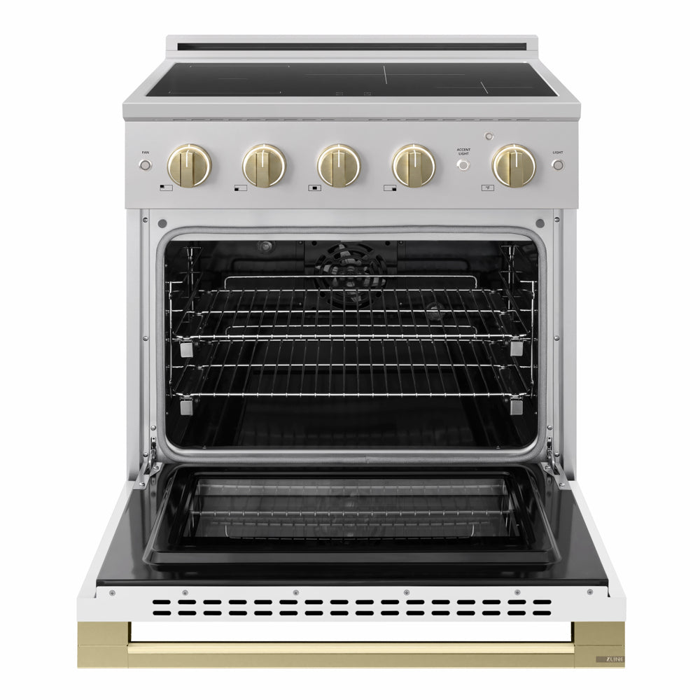 ZLINE Autograph Edition 30 in. 4.2 cu. ft. Marino Induction Range with 4 Element Cooktop and Electric Convection Oven in Stainless Steel with White Matte Door and Champagne Bronze Accents (MINRZ-WM-30-CB)