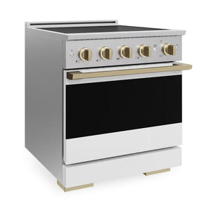 ZLINE Autograph Edition 30 in. 4.2 cu. ft. Marino Induction Range with 4 Element Cooktop and Electric Convection Oven in Stainless Steel with White Matte Door and Champagne Bronze Accents (MINRZ-WM-30-CB)
