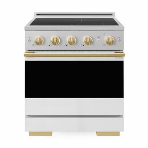ZLINE Autograph Edition 30 in. 4.2 cu. ft. Marino Induction Range with 4 Element Cooktop and Electric Convection Oven in Stainless Steel with White Matte Door and Polished Gold Accents (MINRZ-WM-30-G)
