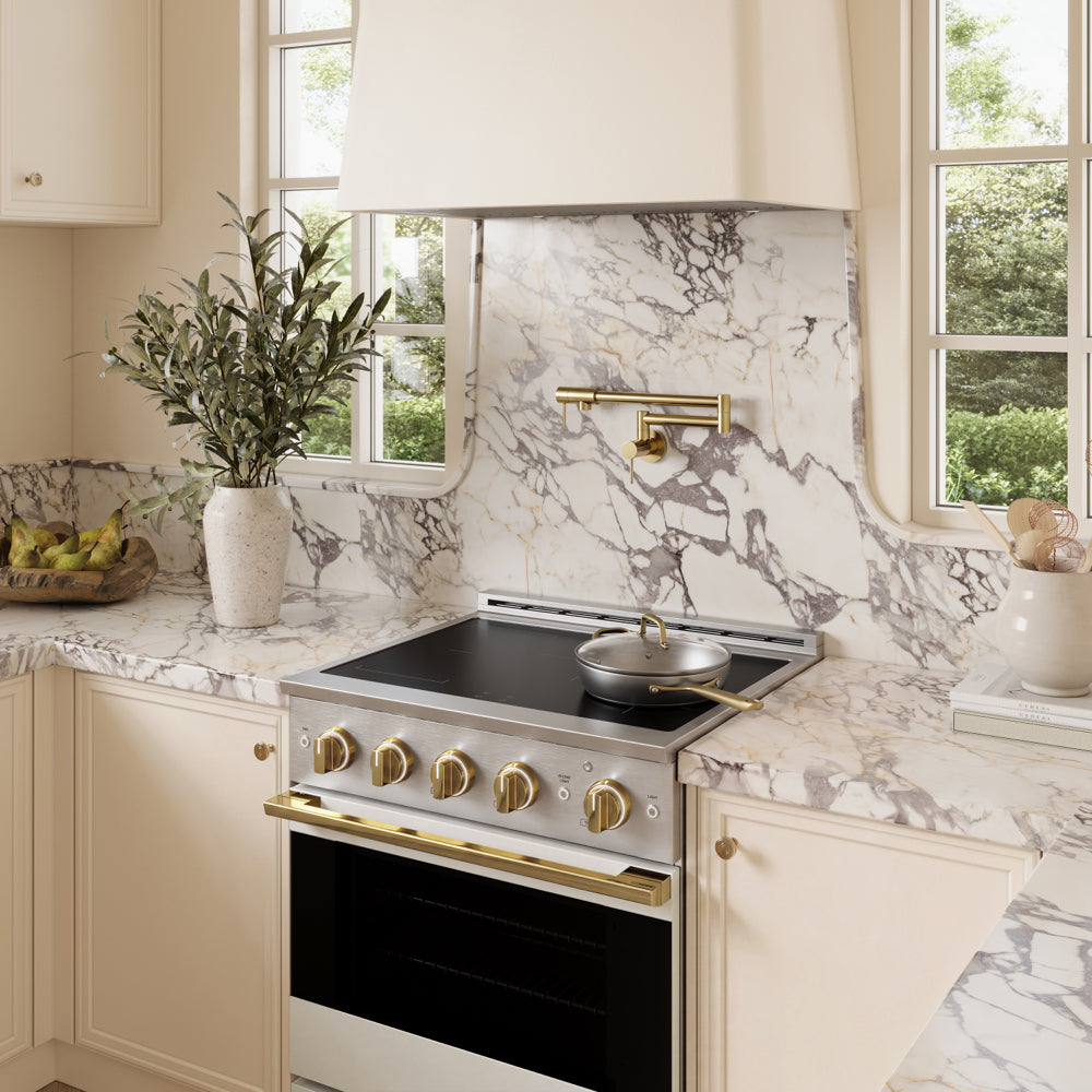ZLINE Autograph Edition 30 in. 4.2 cu. ft. Marino Induction Range with 4 Element Cooktop and Electric Convection Oven in Stainless Steel with White Matte Door and Polished Gold Accents (MINRZ-WM-30-G)