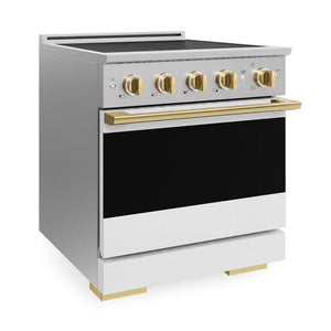 ZLINE Autograph Edition 30 in. 4.2 cu. ft. Marino Induction Range with 4 Element Cooktop and Electric Convection Oven in Stainless Steel with White Matte Door and Polished Gold Accents (MINRZ-WM-30-G)
