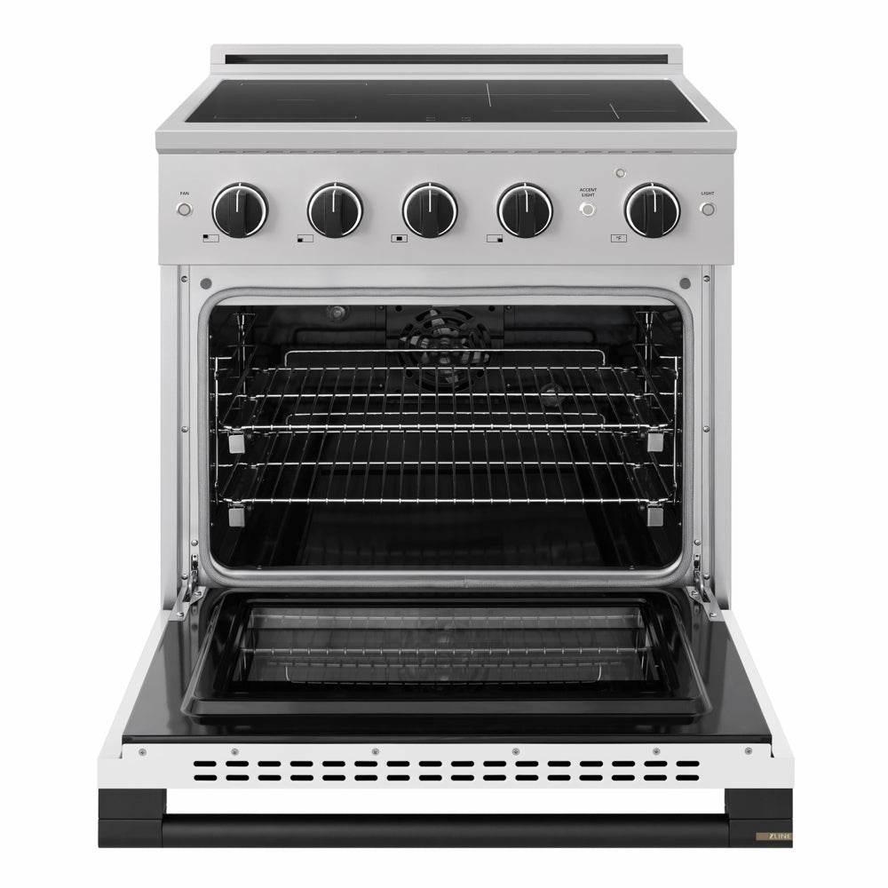 ZLINE Autograph Edition 30 in. 4.2 cu. ft. Marino Induction Range with 4 Element Cooktop and Electric Convection Oven in Stainless Steel with White Matte Door and Matte Black Accents (MINRZ-WM-30-MB)