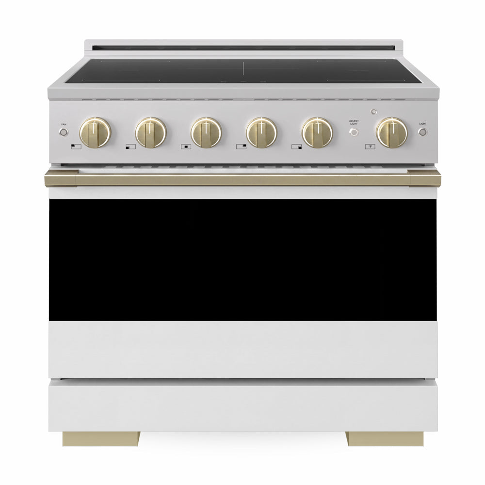 ZLINE Autograph Edition 36 in. 5.2 cu. ft. Marino Induction Range with 5 Element Cooktop and Electric Convection Oven in Stainless Steel with White Matte Door and Champagne Bronze Accents (MINRZ-WM-36-CB)