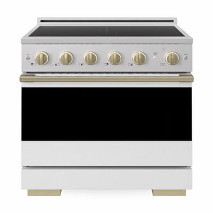 ZLINE Autograph Edition 36 in. 5.2 cu. ft. Marino Induction Range with 5 Element Cooktop and Electric Convection Oven in Stainless Steel with White Matte Door and Champagne Bronze Accents (MINRZ-WM-36-CB)