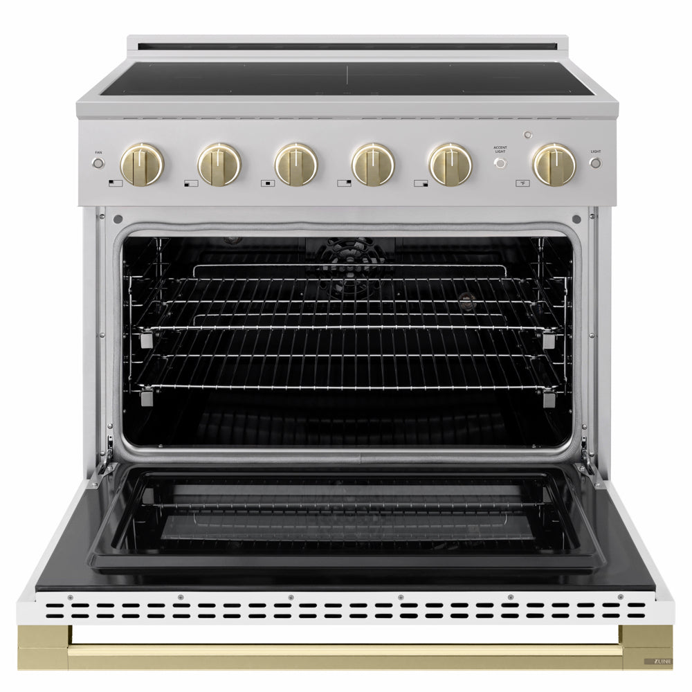 ZLINE Autograph Edition 36 in. 5.2 cu. ft. Marino Induction Range with 5 Element Cooktop and Electric Convection Oven in Stainless Steel with White Matte Door and Champagne Bronze Accents (MINRZ-WM-36-CB)