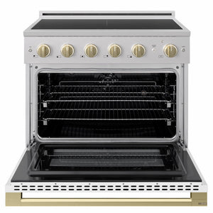 ZLINE Autograph Edition 36 in. 5.2 cu. ft. Marino Induction Range with 5 Element Cooktop and Electric Convection Oven in Stainless Steel with White Matte Door and Champagne Bronze Accents (MINRZ-WM-36-CB)