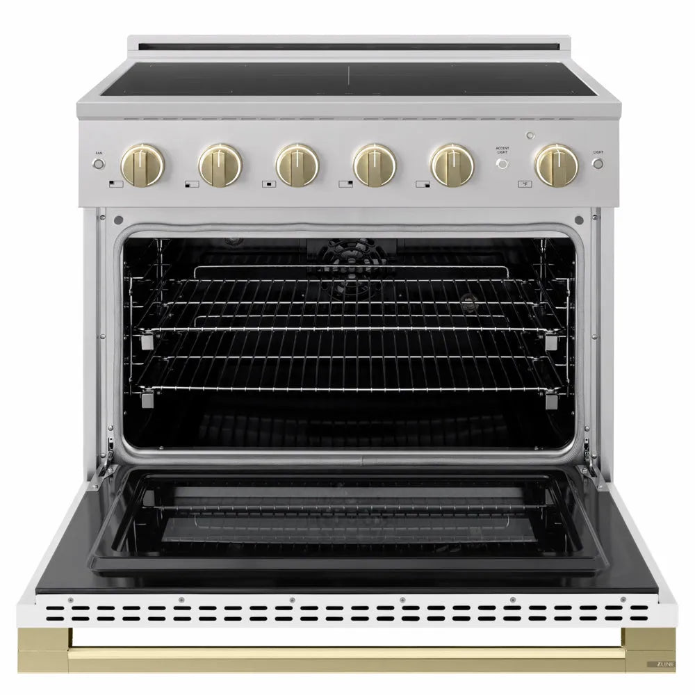 ZLINE Autograph Edition 36 in. 5.2 cu. ft. Marino Induction Range with 5 Element Cooktop and Electric Convection Oven in Stainless Steel with White Matte Door and Champagne Bronze Accents (MINRZ-WM-36-CB)