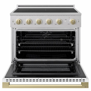 ZLINE Autograph Edition 36 in. 5.2 cu. ft. Marino Induction Range with 5 Element Cooktop and Electric Convection Oven in Stainless Steel with White Matte Door and Champagne Bronze Accents (MINRZ-WM-36-CB)